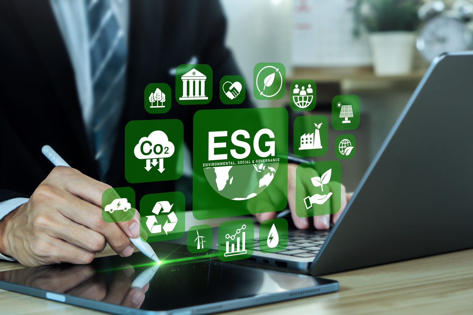 ESG, environment social governance investment concept. Businessman plan strategies future ecosystem Climate change for long-term sustainability. Social Responsibilities and Ethics.